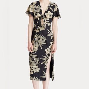 Ralph Lauren Black and Tan Floral Midi Dress with front cut out